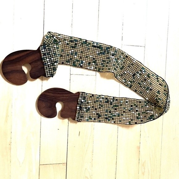 Vintage Beaded Elastic Belt with Wooden Interlocking Buckle S main image 5